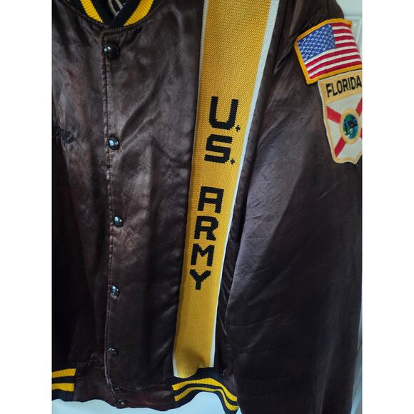 US Army Bravo Bulldogs Embroidered Satin Bomber Jacket Large Brown Street - Picture 4 of 16